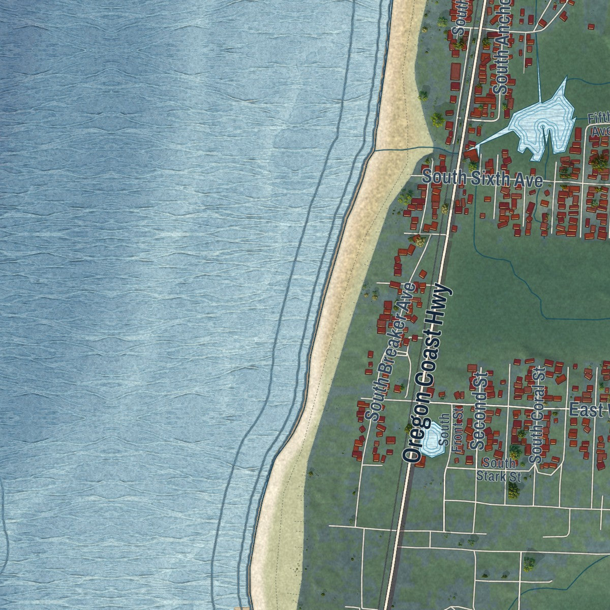 Second close-up of the map of Rockaway Beach, Oregon print showing more streets and buildings