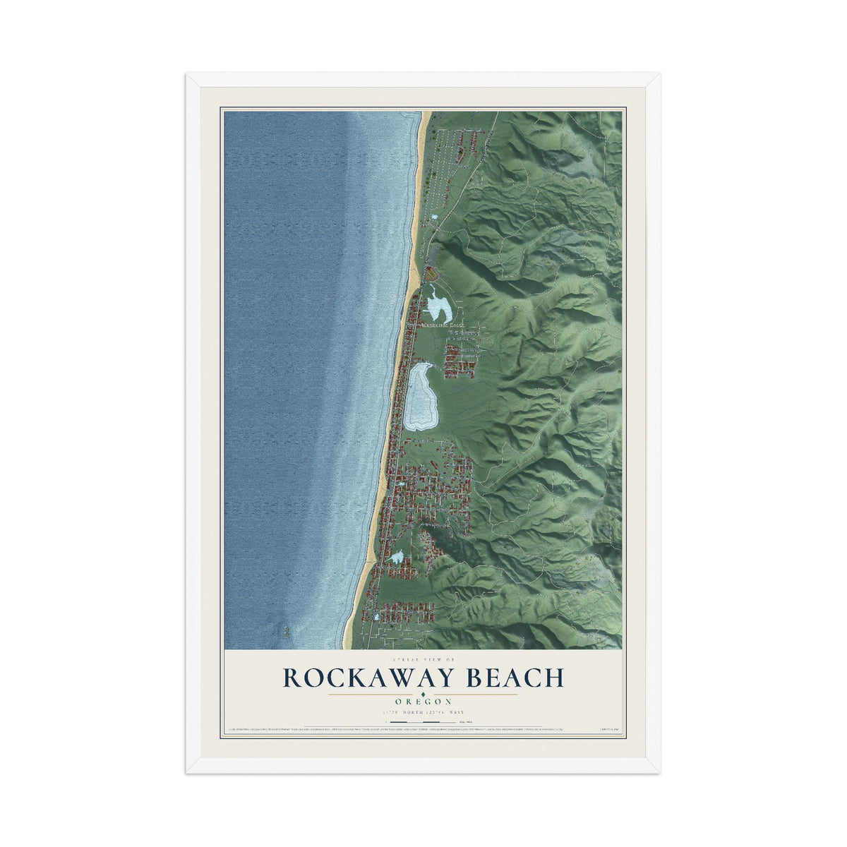 Map of Rockaway Beach, Oregon, 12 x 18 inch print in a white wood frame