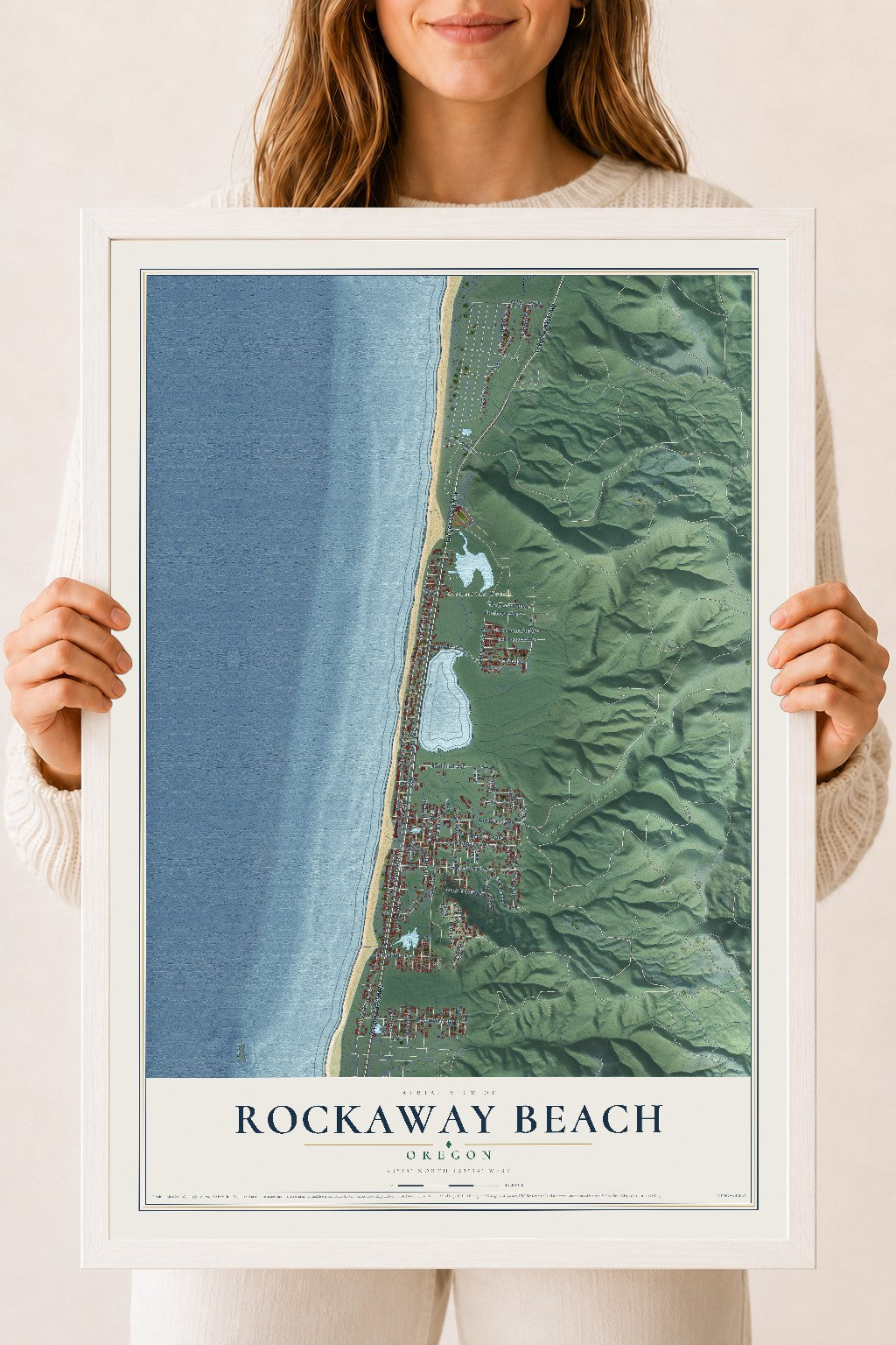 Map of Rockaway Beach, Oregon, 18 x 24 inch print in a white wood frame