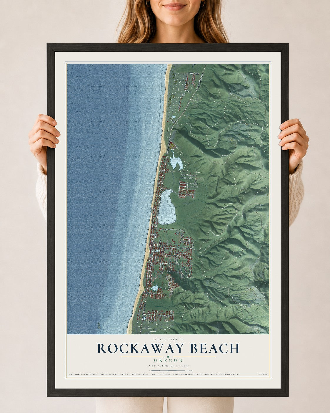 Map of Rockaway Beach, Oregon, 24 x 36 inch print in a black wood frame