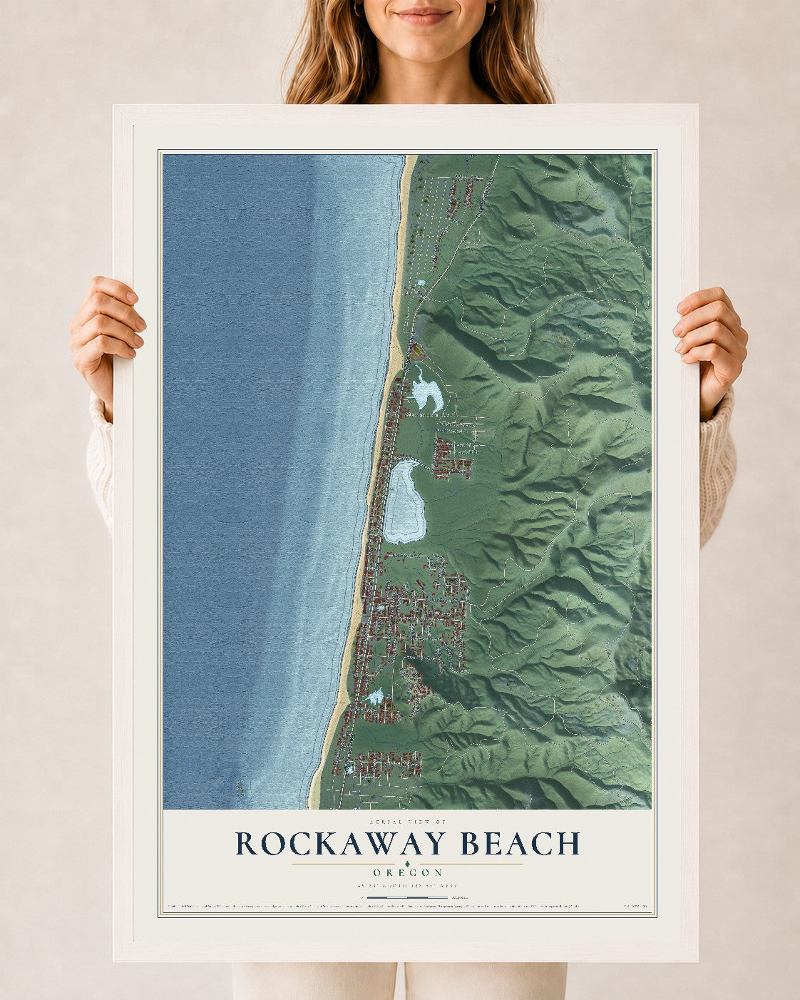 Map of Rockaway Beach, Oregon, 24 x 36 inch print in a white wood frame