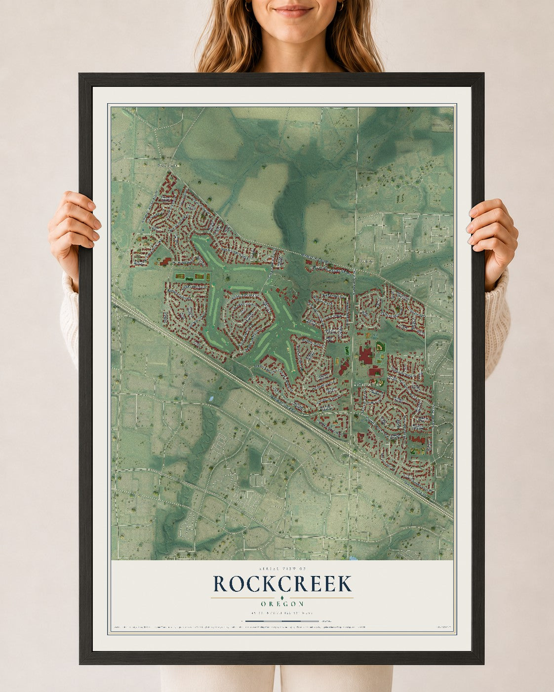 Map of Rockcreek, Oregon, 24 x 36 inch print in a black wood frame