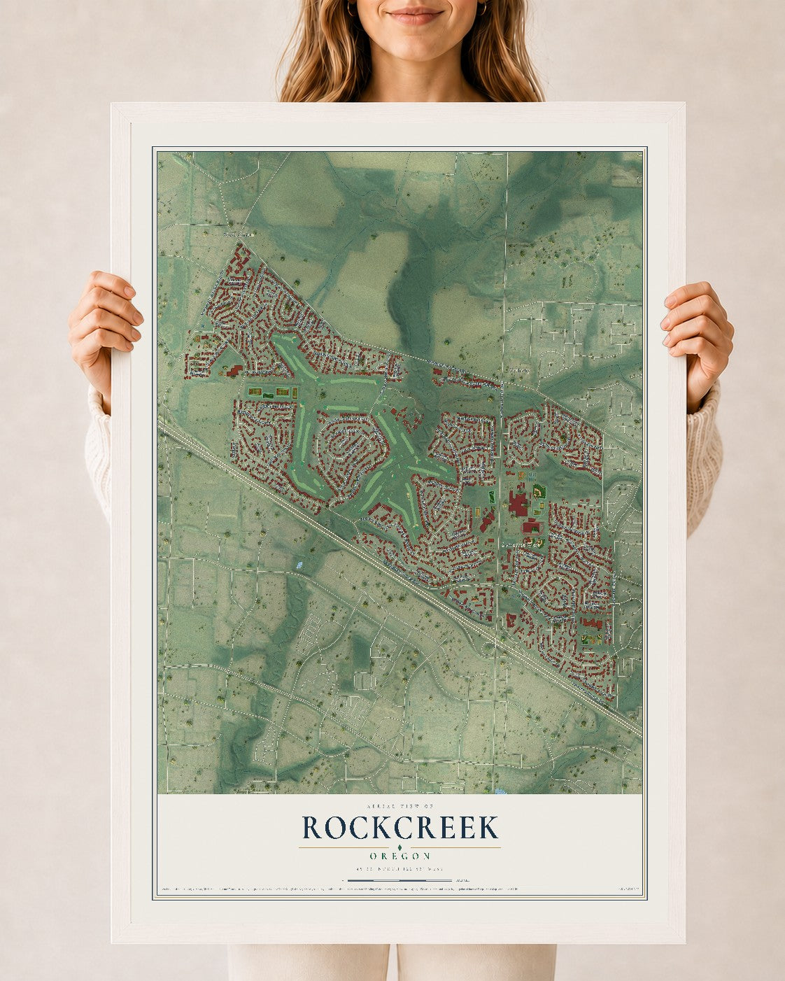 Map of Rockcreek, Oregon, 24 x 36 inch print in a white wood frame