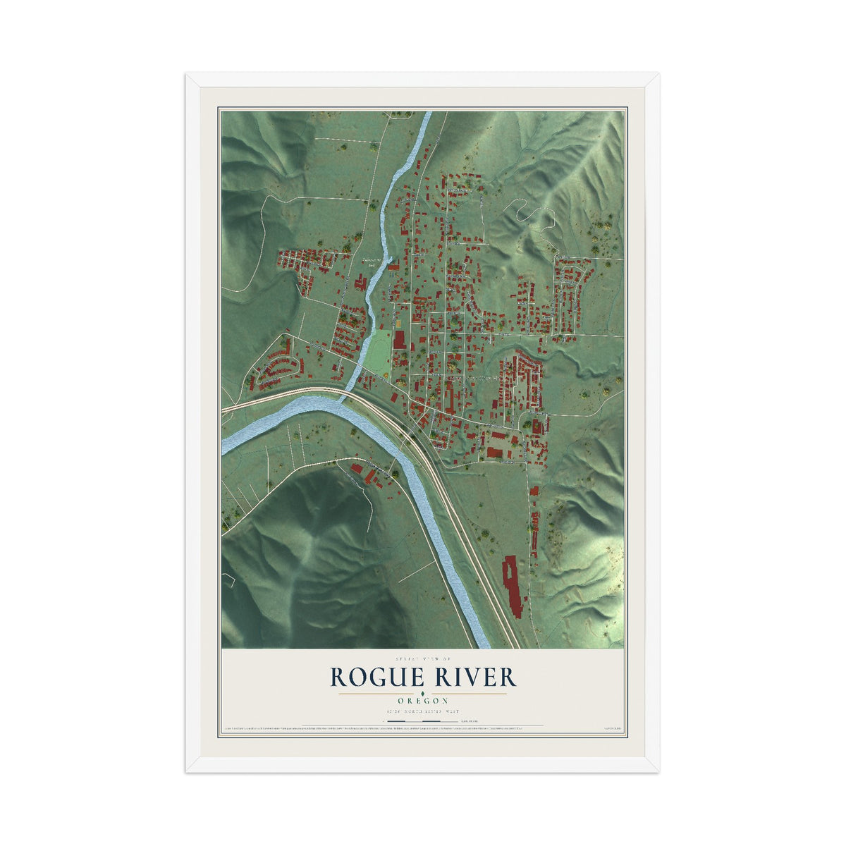 Map of Rogue River, Oregon, 12 x 18 inch print in a white wood frame