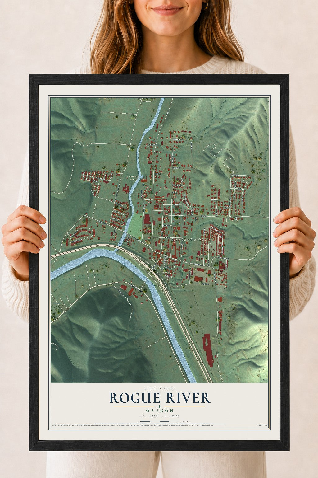 Map of Rogue River, Oregon, 18 x 24 inch print in a black wood frame