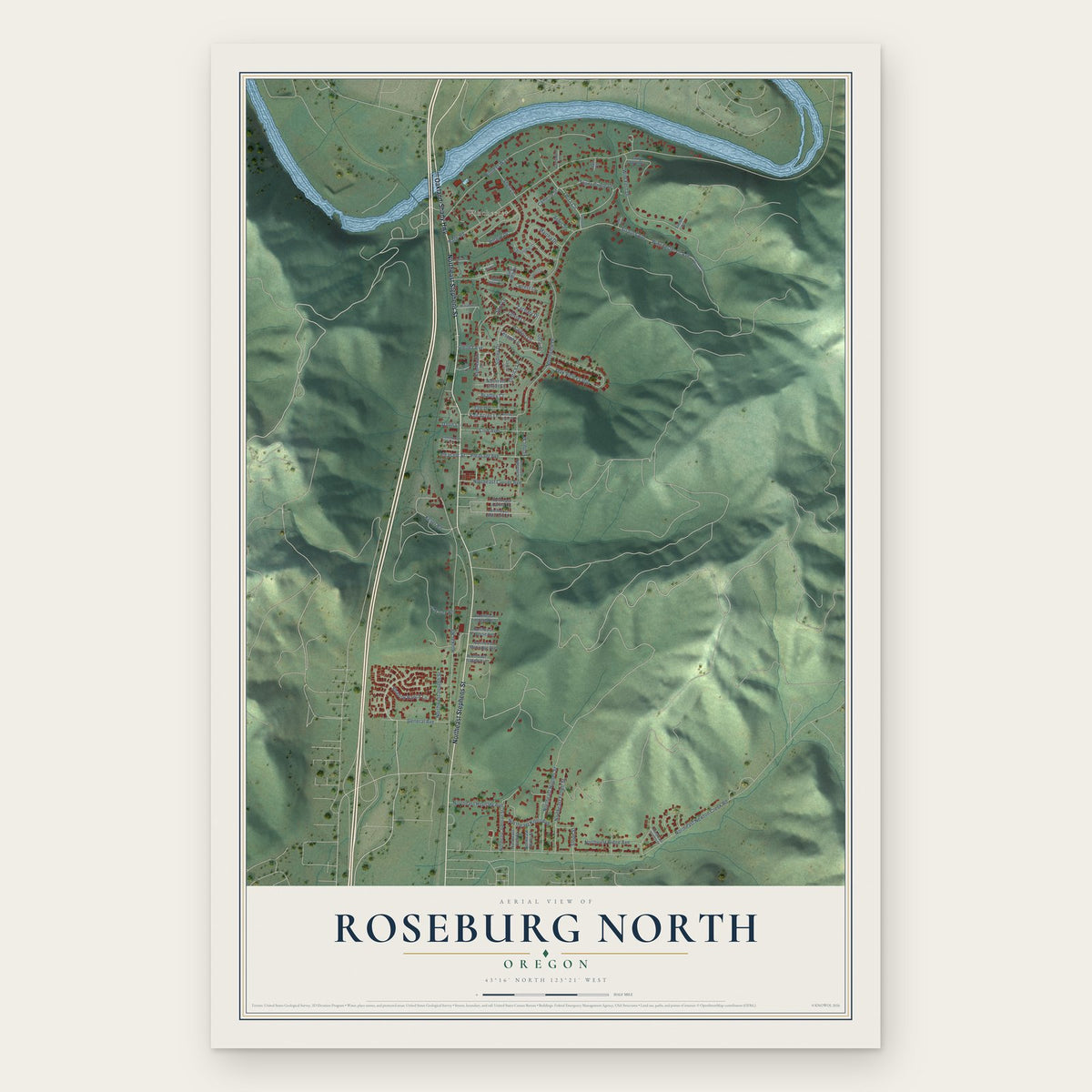 Roseburg North, Oregon map print, the full design