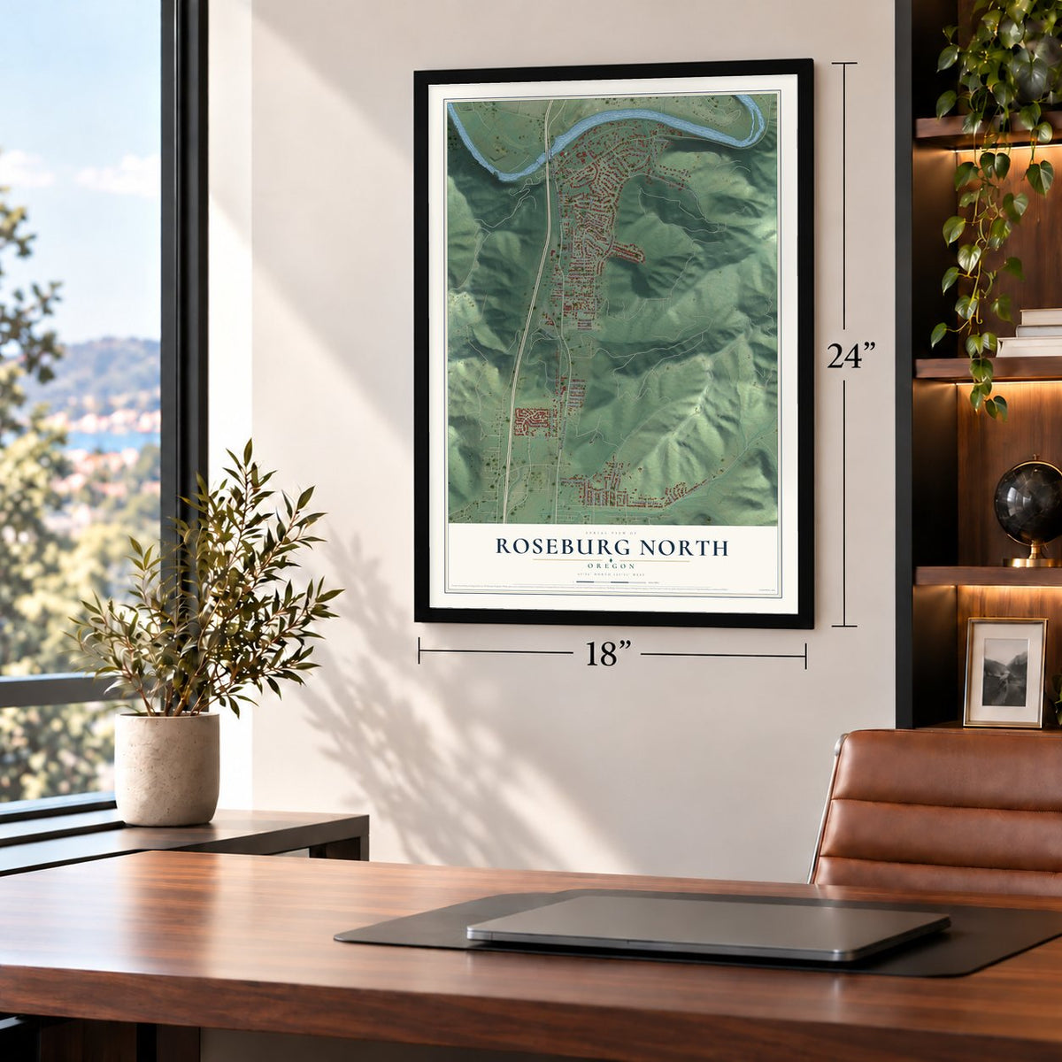 Roseburg North, Oregon map, 18 x 24 inch print in a black frame in a home office