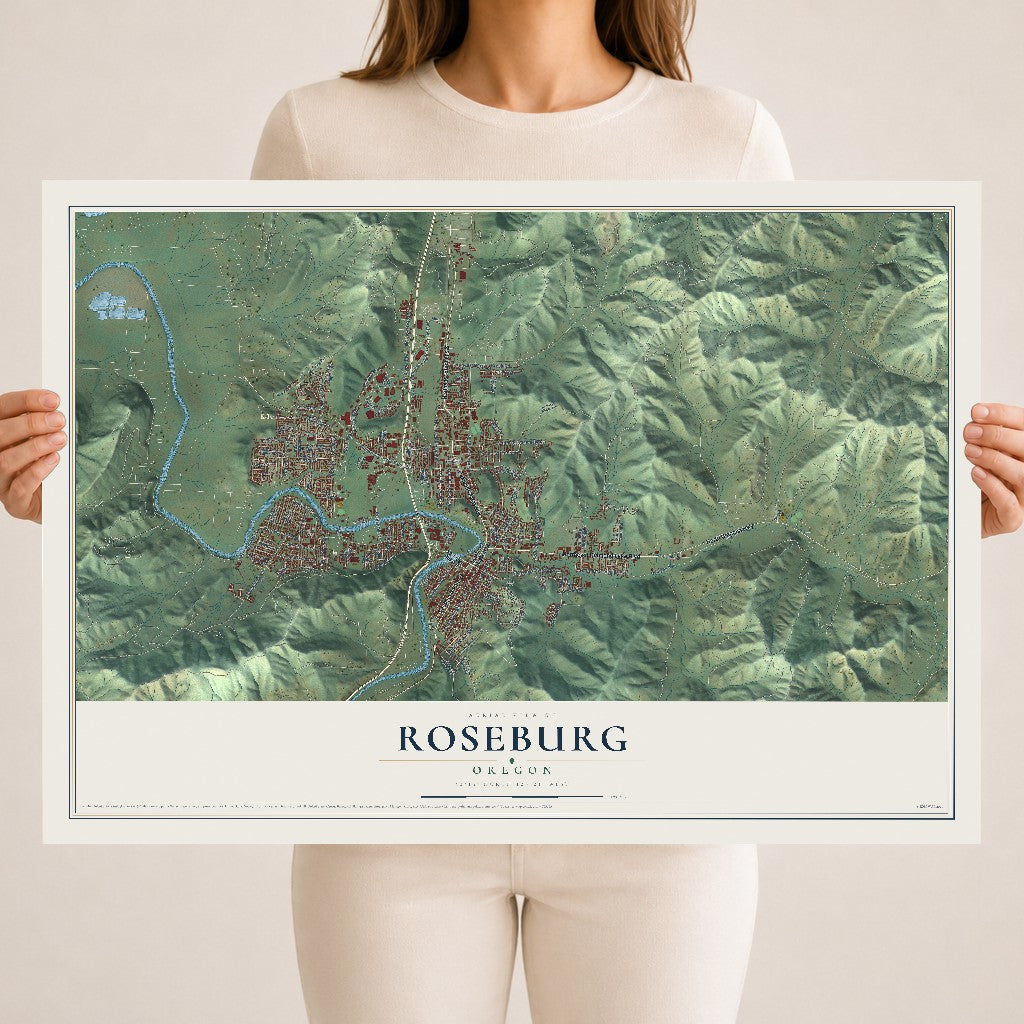 Map of Roseburg, Oregon, 18 x 24 inch unframed archival matte print