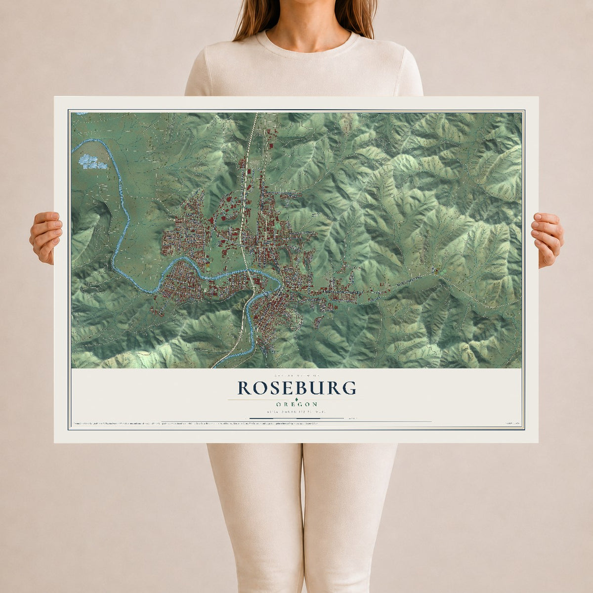Map of Roseburg, Oregon, 24 x 36 inch unframed archival matte print