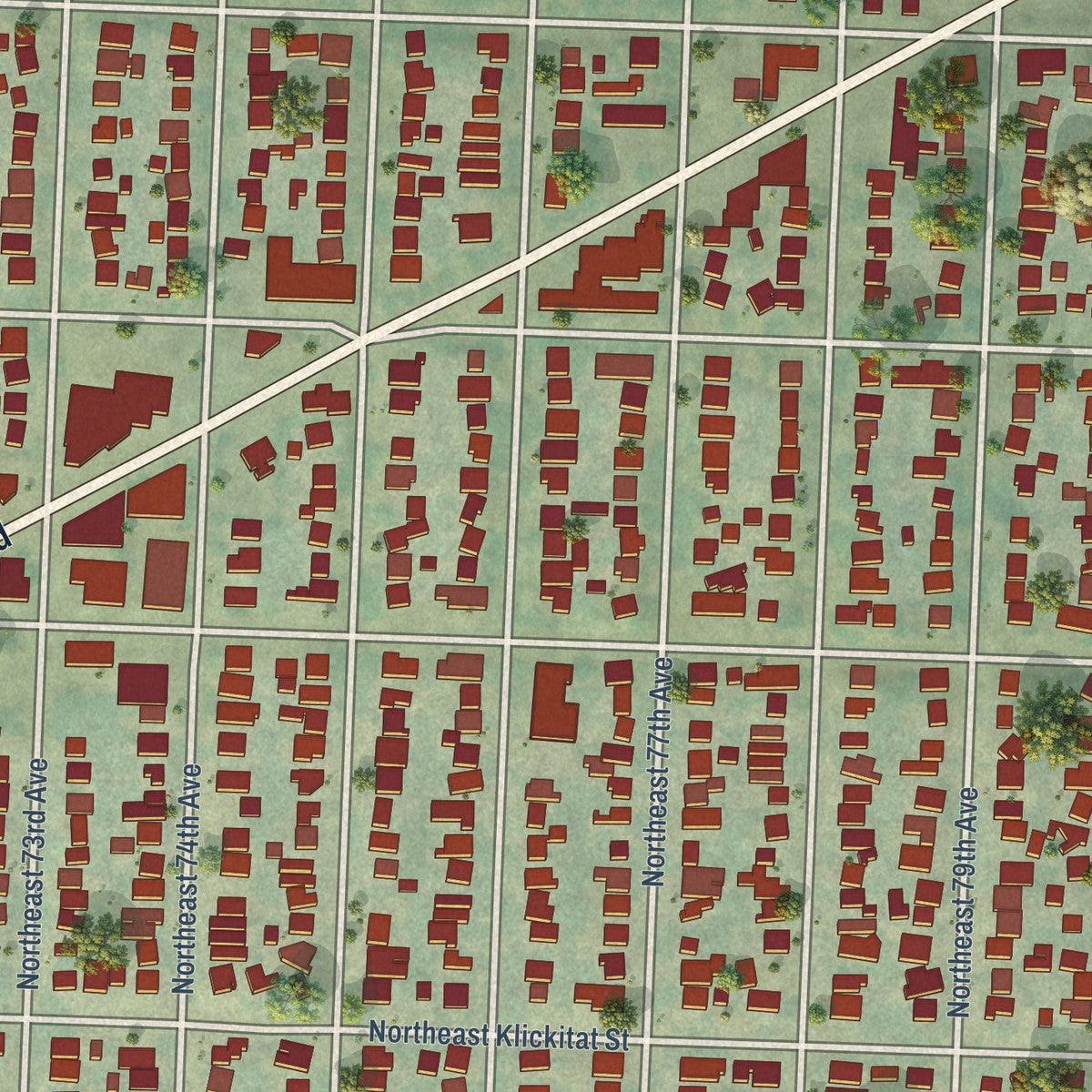 Close-up of the map of Roseway, Oregon print showing street and building detail