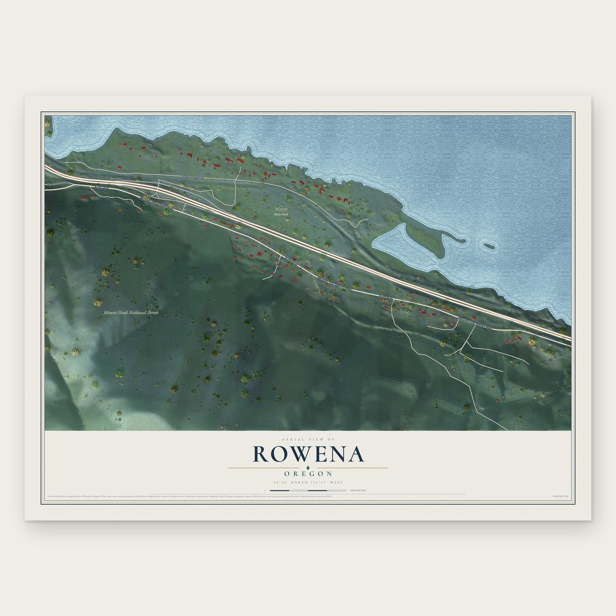 Rowena, Oregon map print, the full design