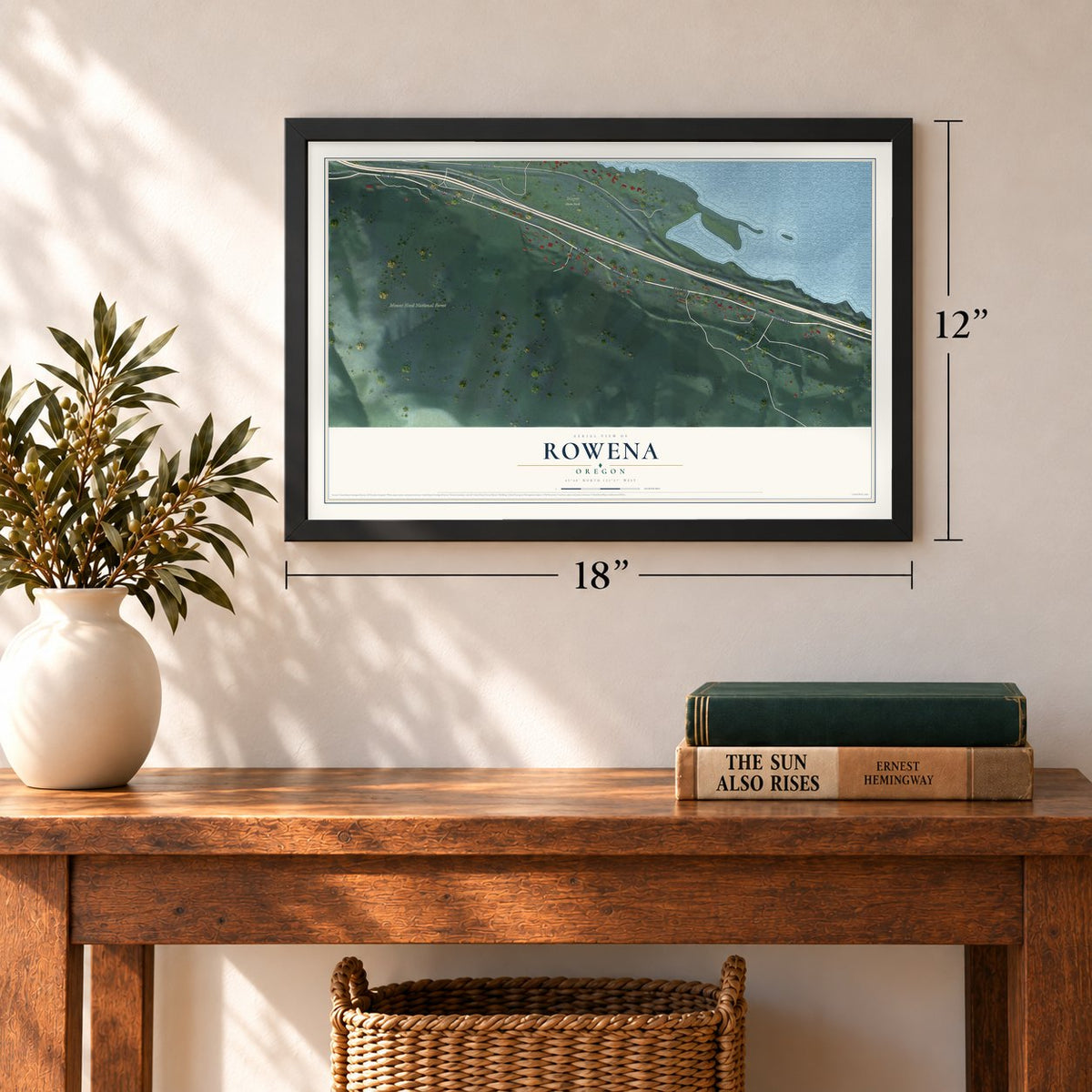 Rowena, Oregon map, 12 x 18 inch print in a black frame in an entryway