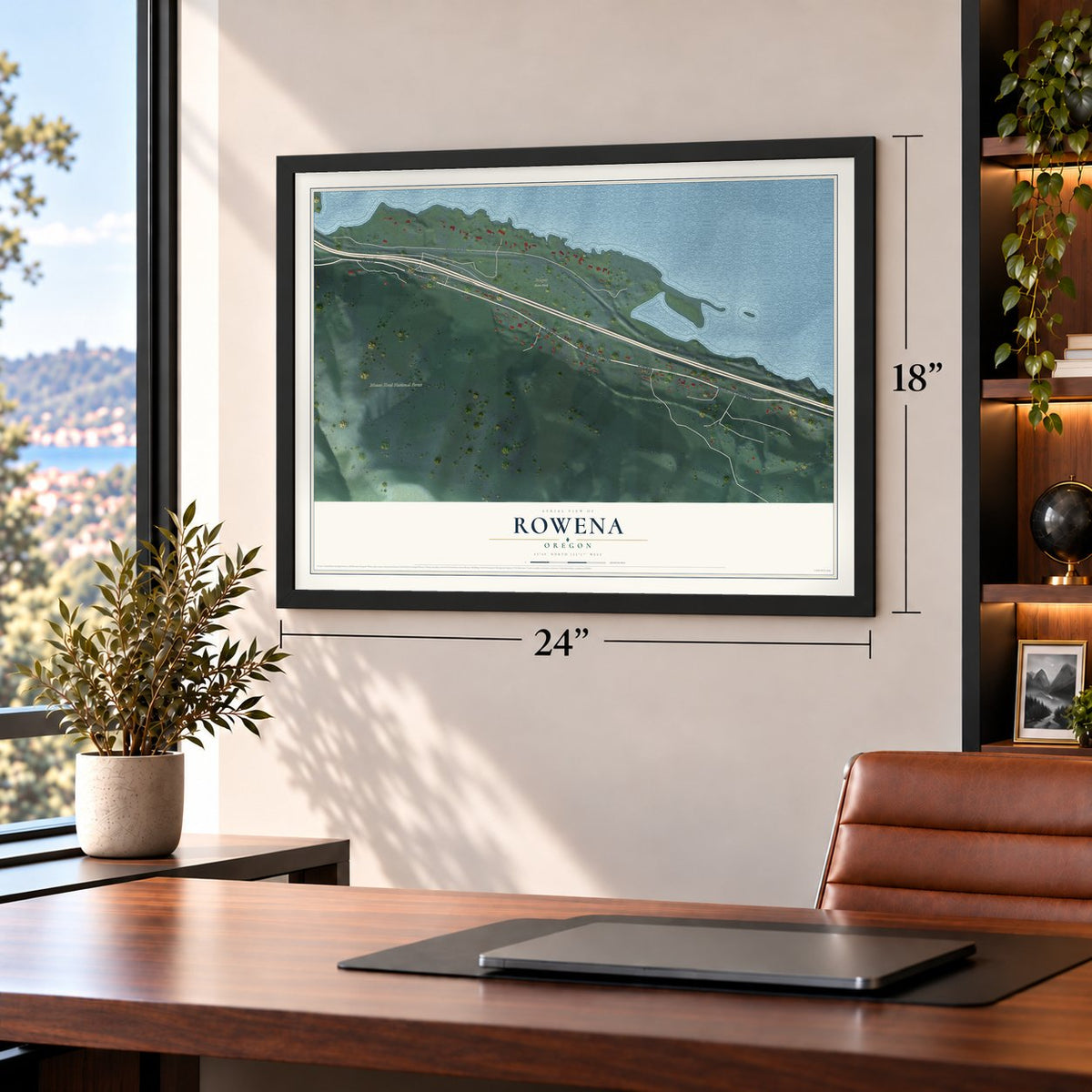 Rowena, Oregon map, 18 x 24 inch print in a black frame in a home office