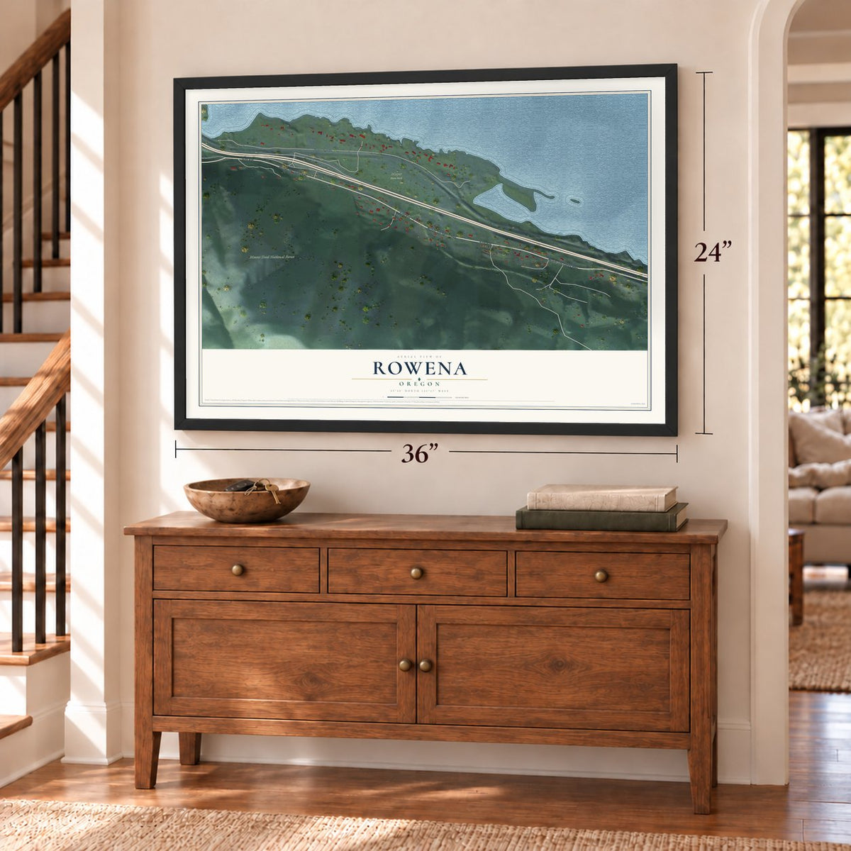 Rowena, Oregon map, 24 x 36 inch print in a black frame above a dresser by a staircase