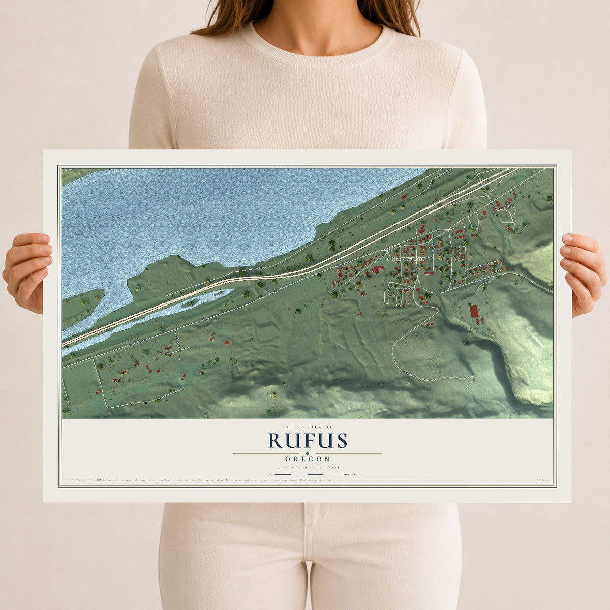 Map of Rufus, Oregon, 12 x 18 inch unframed archival matte print
