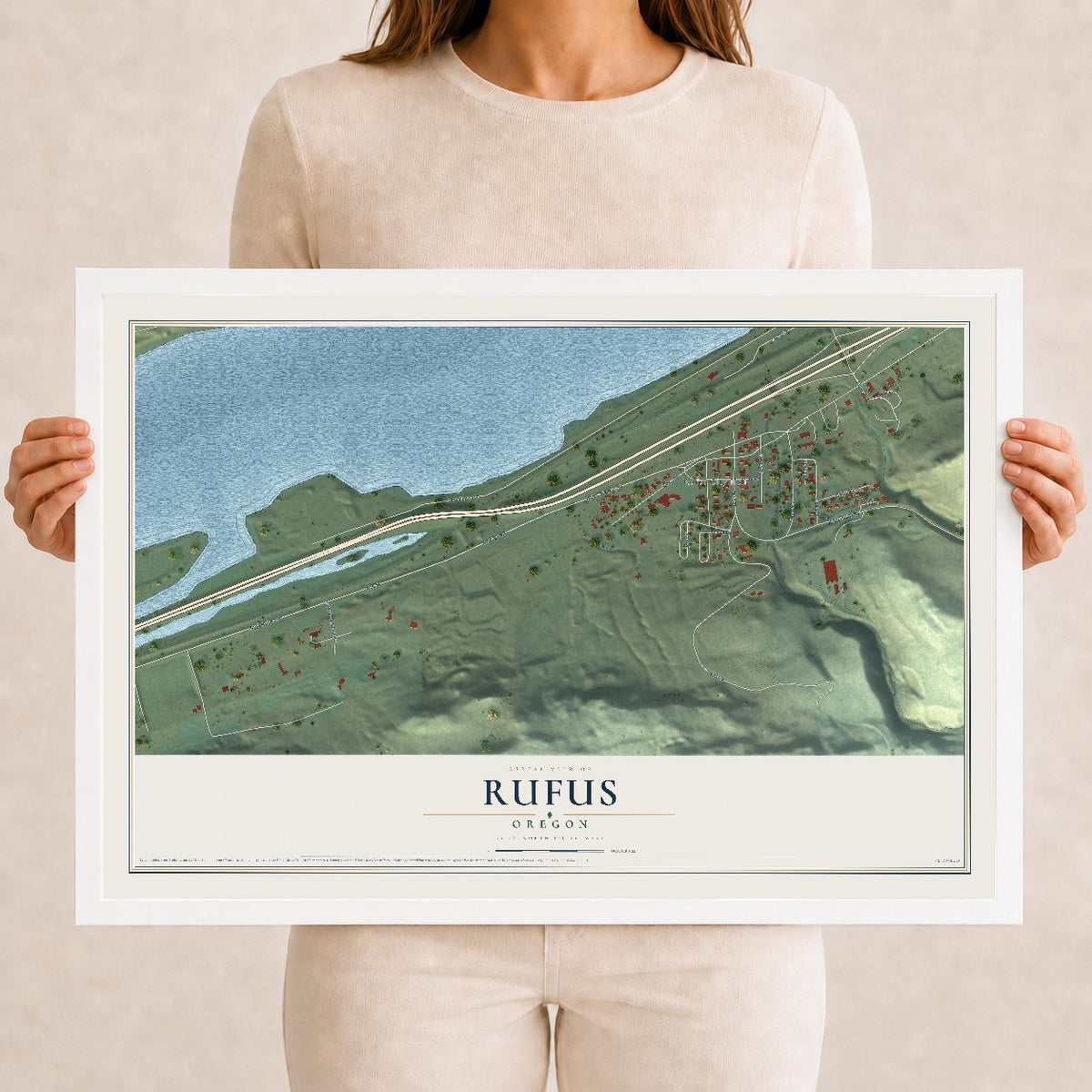 Map of Rufus, Oregon, 12 x 18 inch print in a white wood frame
