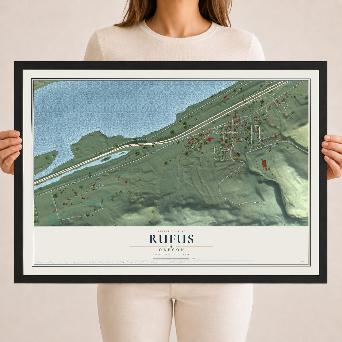 Map of Rufus, Oregon, 18 x 24 inch print in a black wood frame