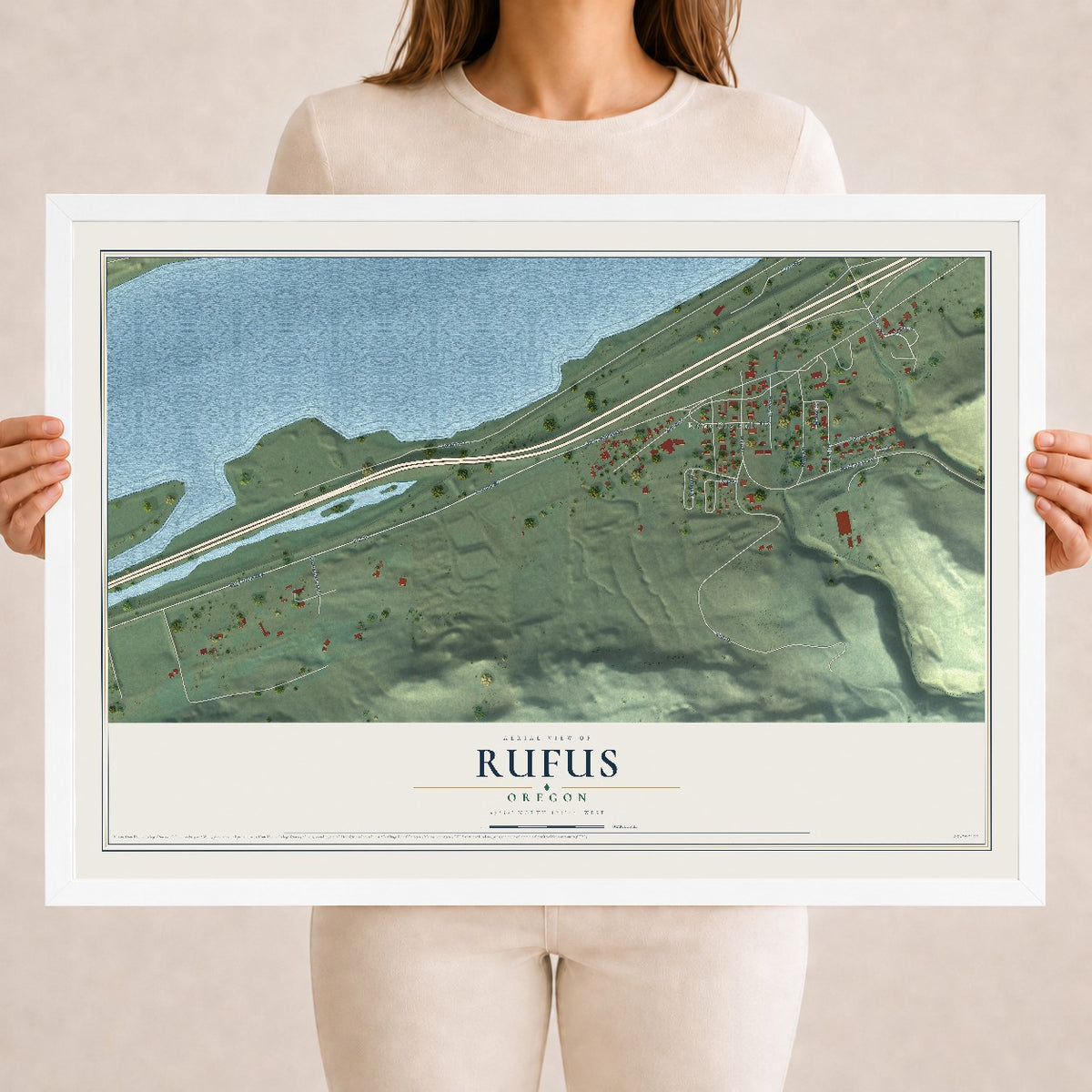 Map of Rufus, Oregon, 18 x 24 inch print in a white wood frame