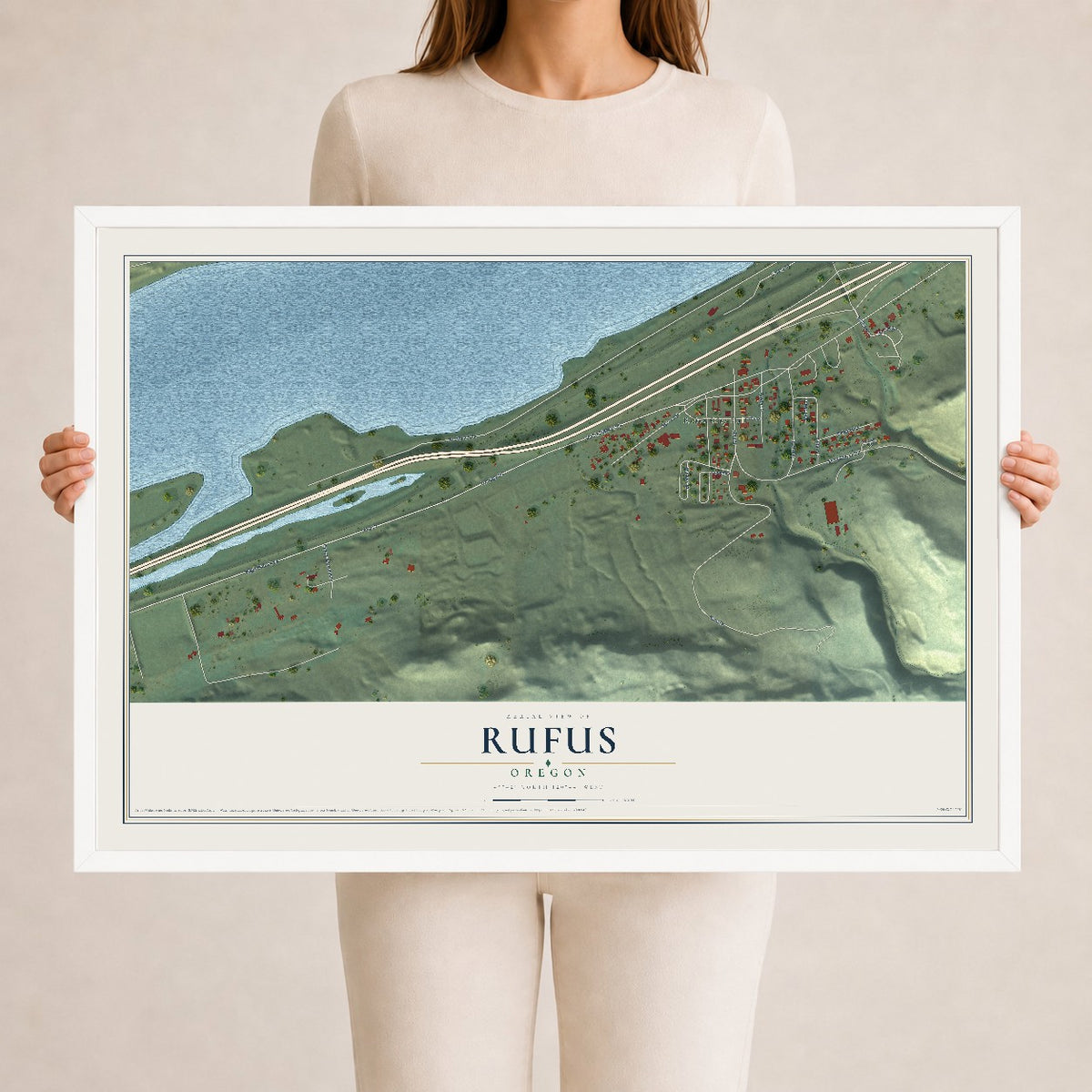 Map of Rufus, Oregon, 24 x 36 inch print in a white wood frame