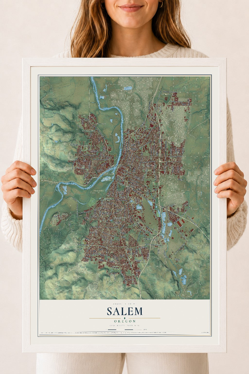 Map of Salem, Oregon, 18 x 24 inch print in a white wood frame