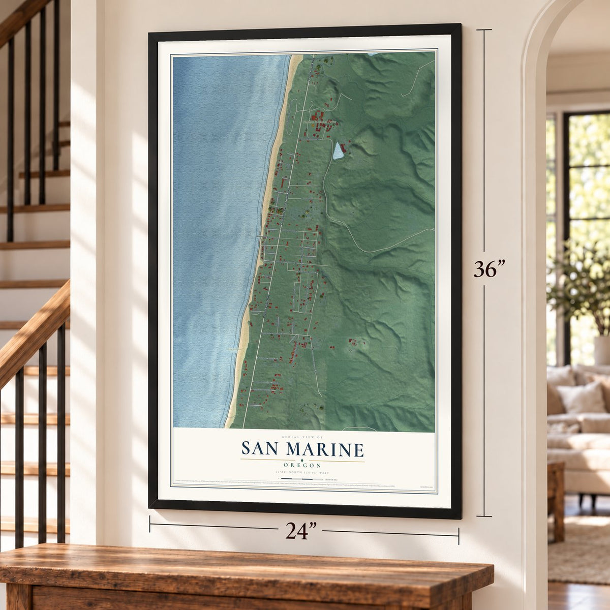 San Marine, Oregon map, 24 x 36 inch print in a black frame by a staircase