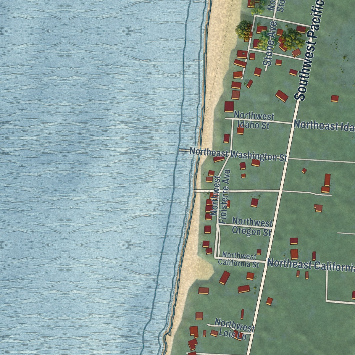 Close-up of the map of San Marine, Oregon print showing street and building detail