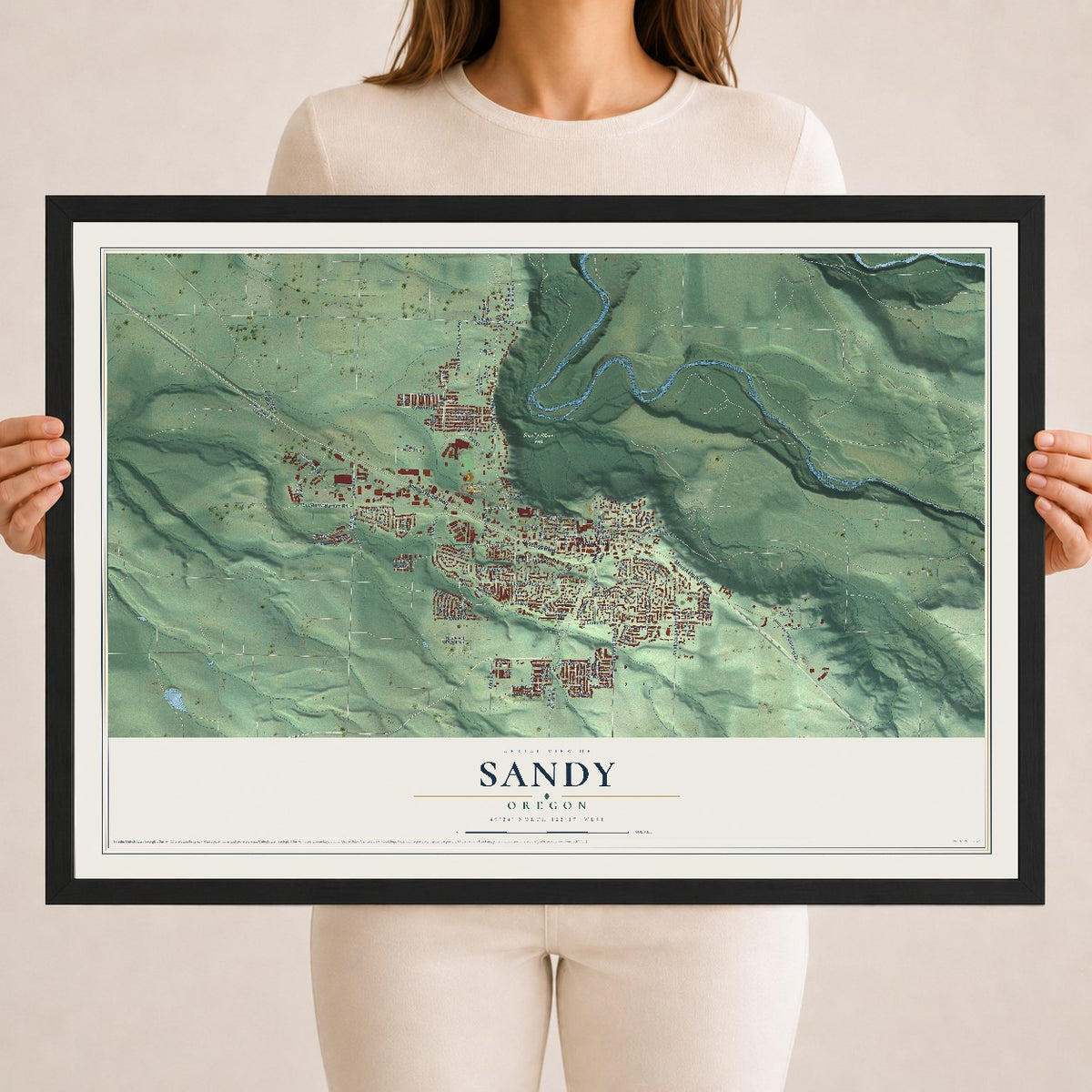 Map of Sandy, Oregon, 18 x 24 inch print in a black wood frame