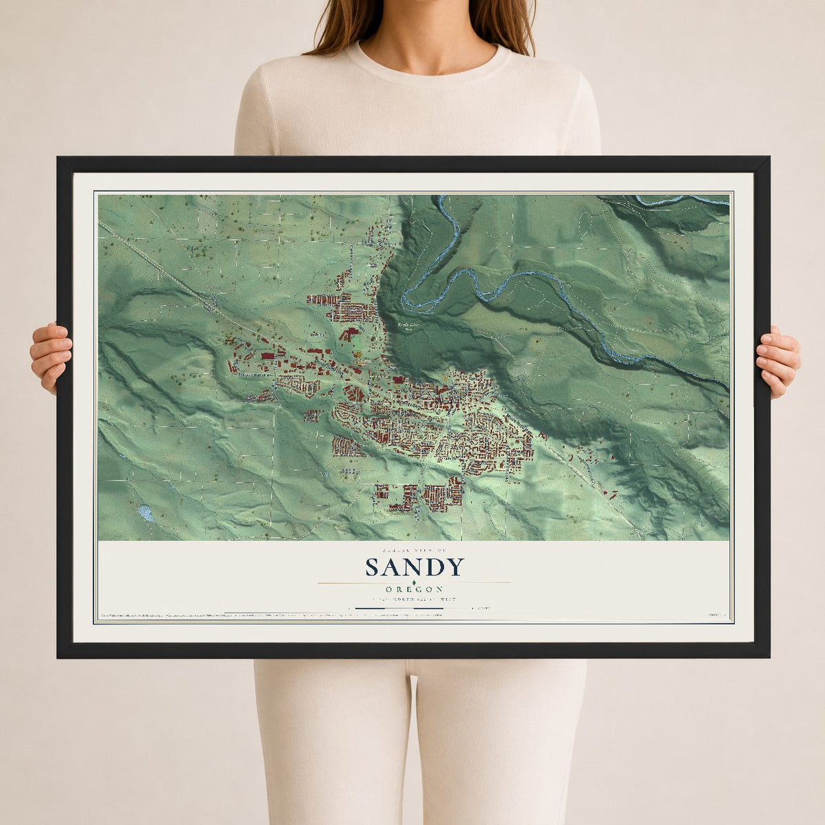 Map of Sandy, Oregon, 24 x 36 inch print in a black wood frame