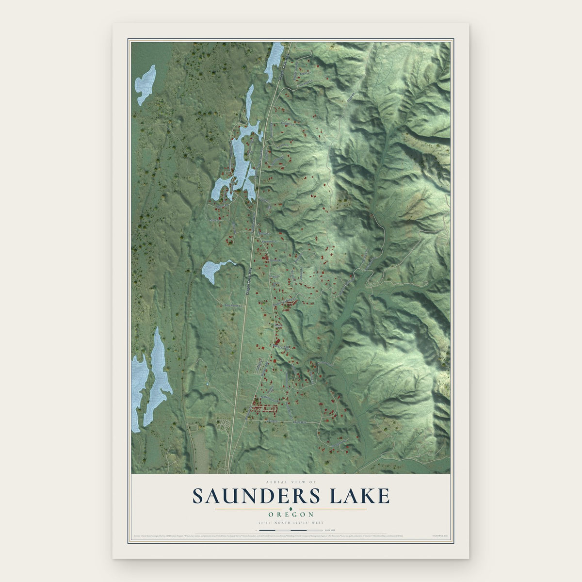 Saunders Lake, Oregon map print, the full design