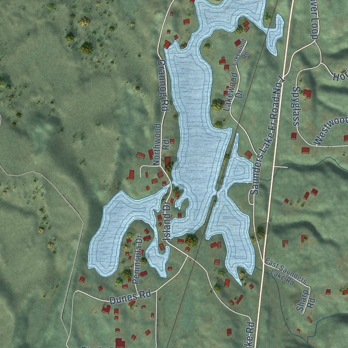 Close-up of the map of Saunders Lake, Oregon print showing street and building detail