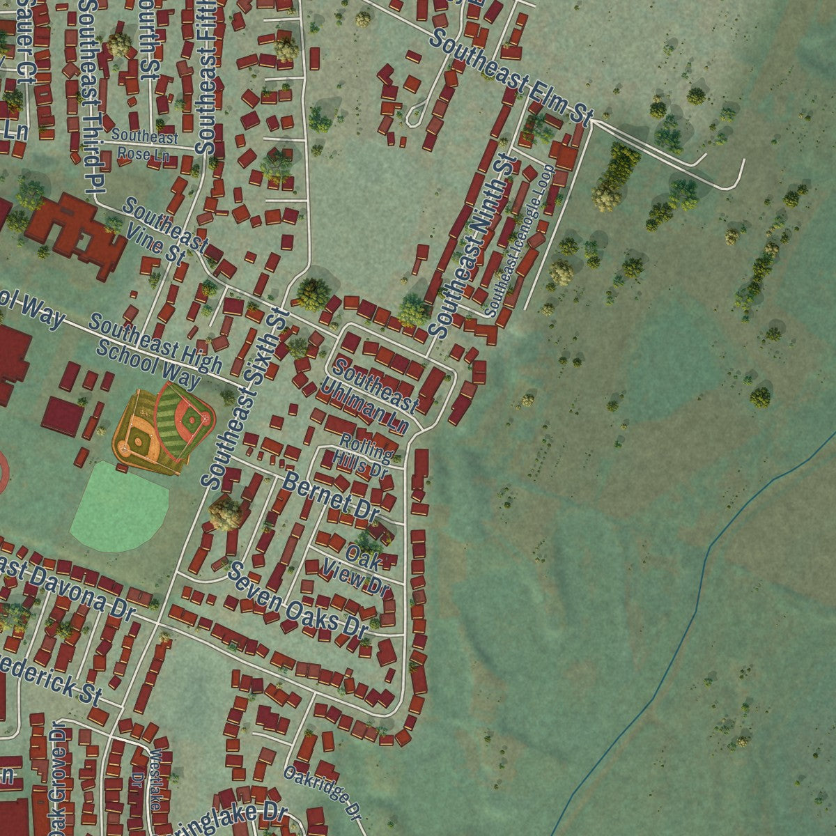 Second close-up of the map of Scappoose, Oregon print showing more streets and buildings