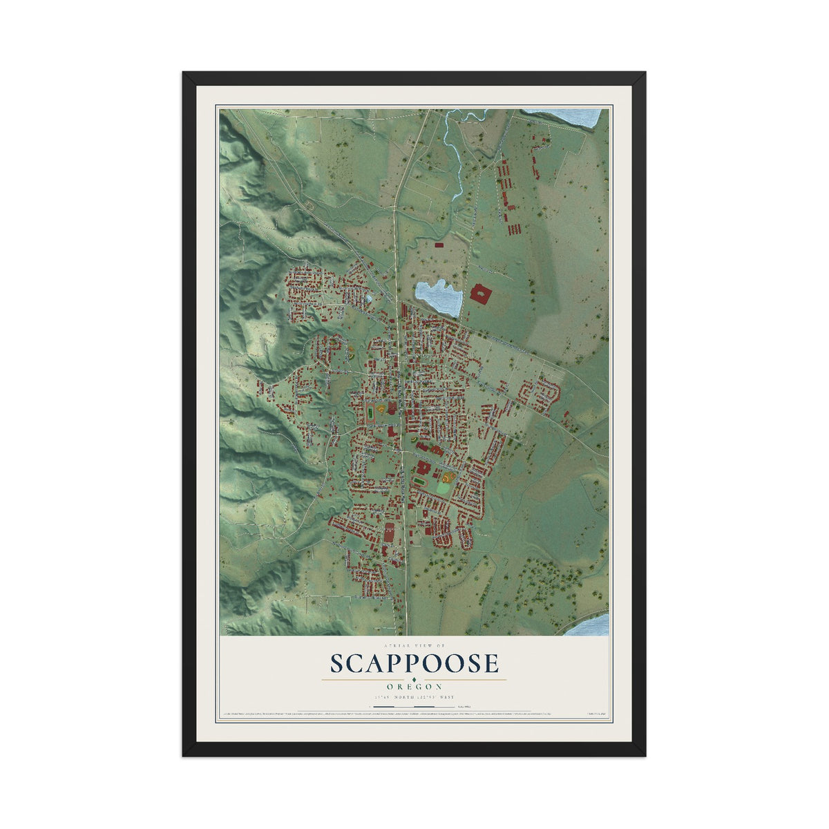 Map of Scappoose, Oregon, 12 x 18 inch print in a black wood frame