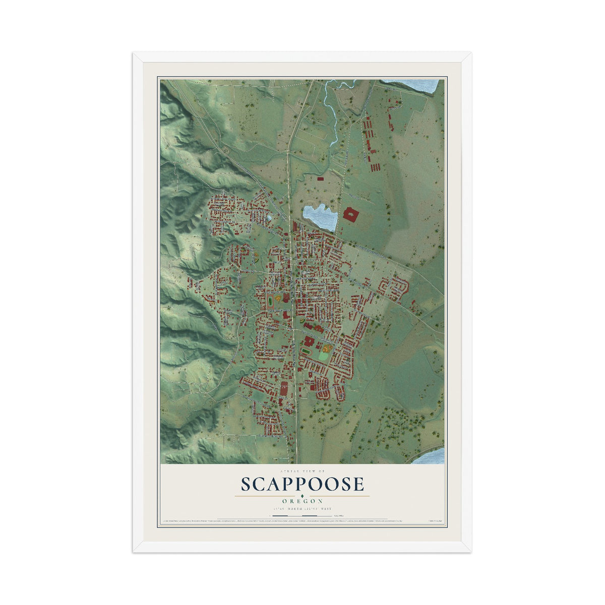 Map of Scappoose, Oregon, 12 x 18 inch print in a white wood frame