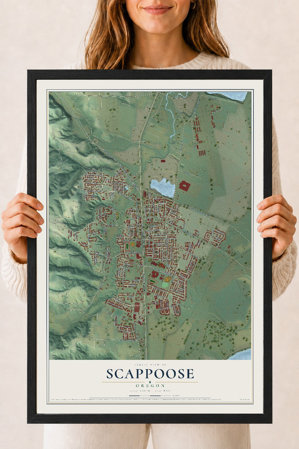 Map of Scappoose, Oregon, 18 x 24 inch print in a black wood frame