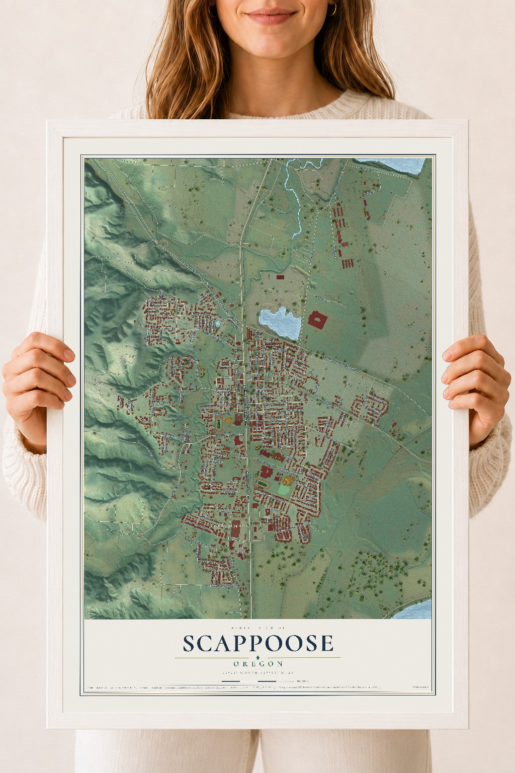 Map of Scappoose, Oregon, 18 x 24 inch print in a white wood frame