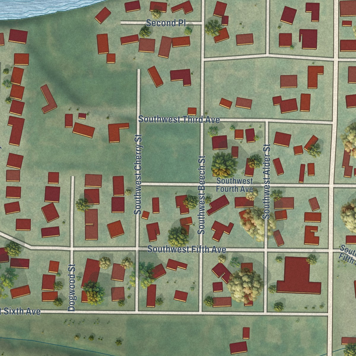 Close-up of the map of Scio, Oregon print showing street and building detail