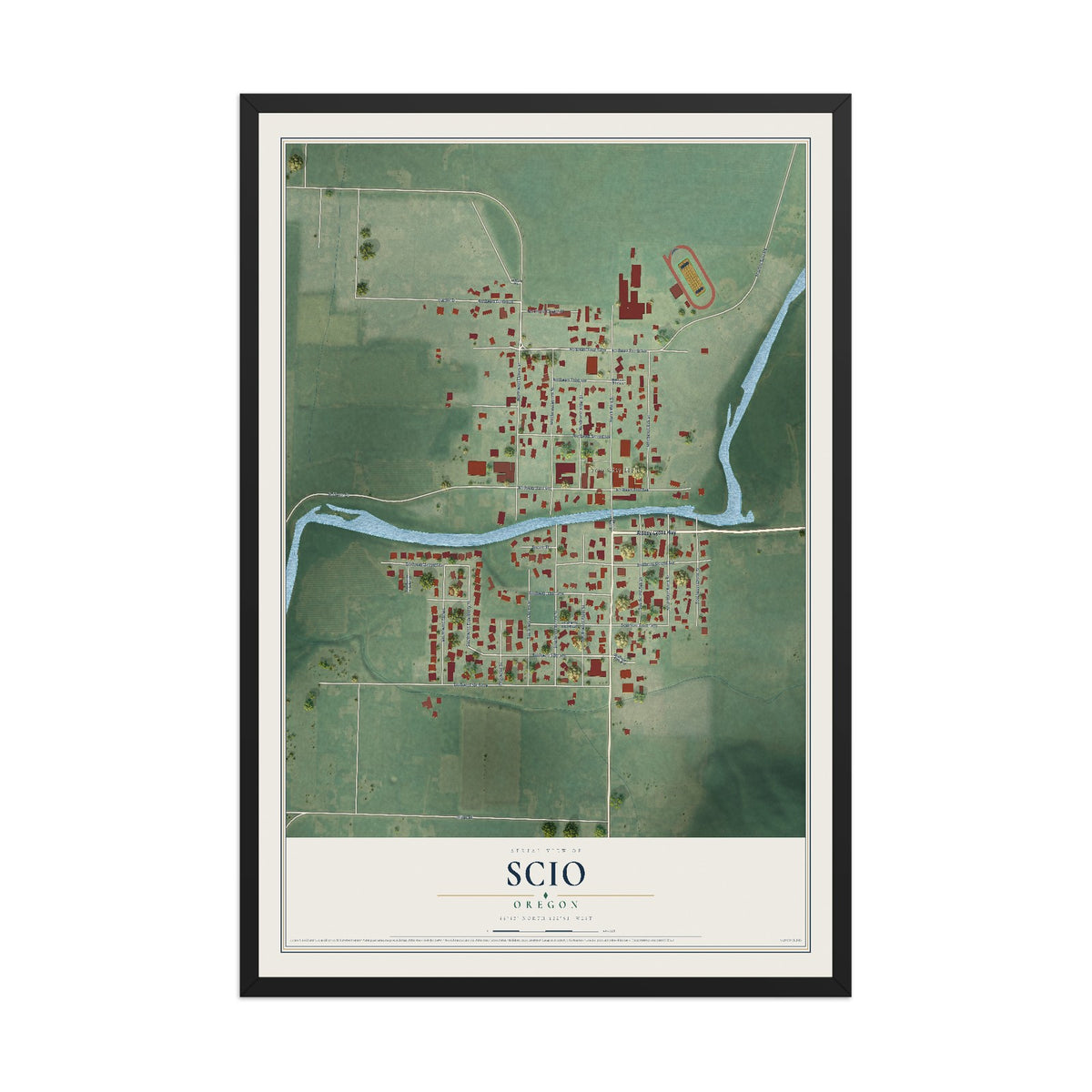 Map of Scio, Oregon, 12 x 18 inch print in a black wood frame
