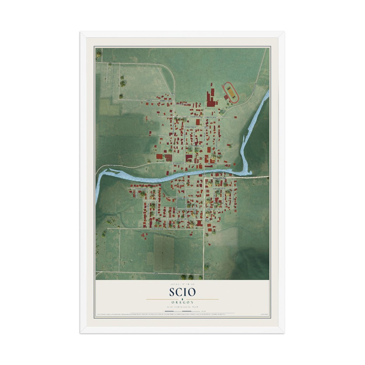 Map of Scio, Oregon, 12 x 18 inch print in a white wood frame