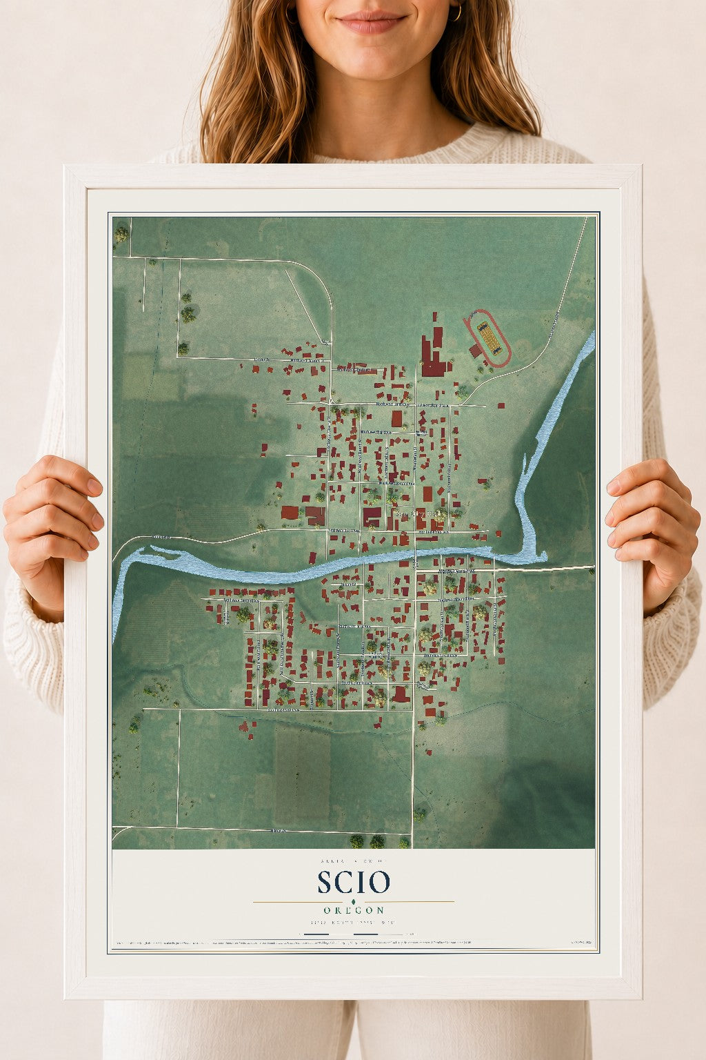 Map of Scio, Oregon, 18 x 24 inch print in a white wood frame