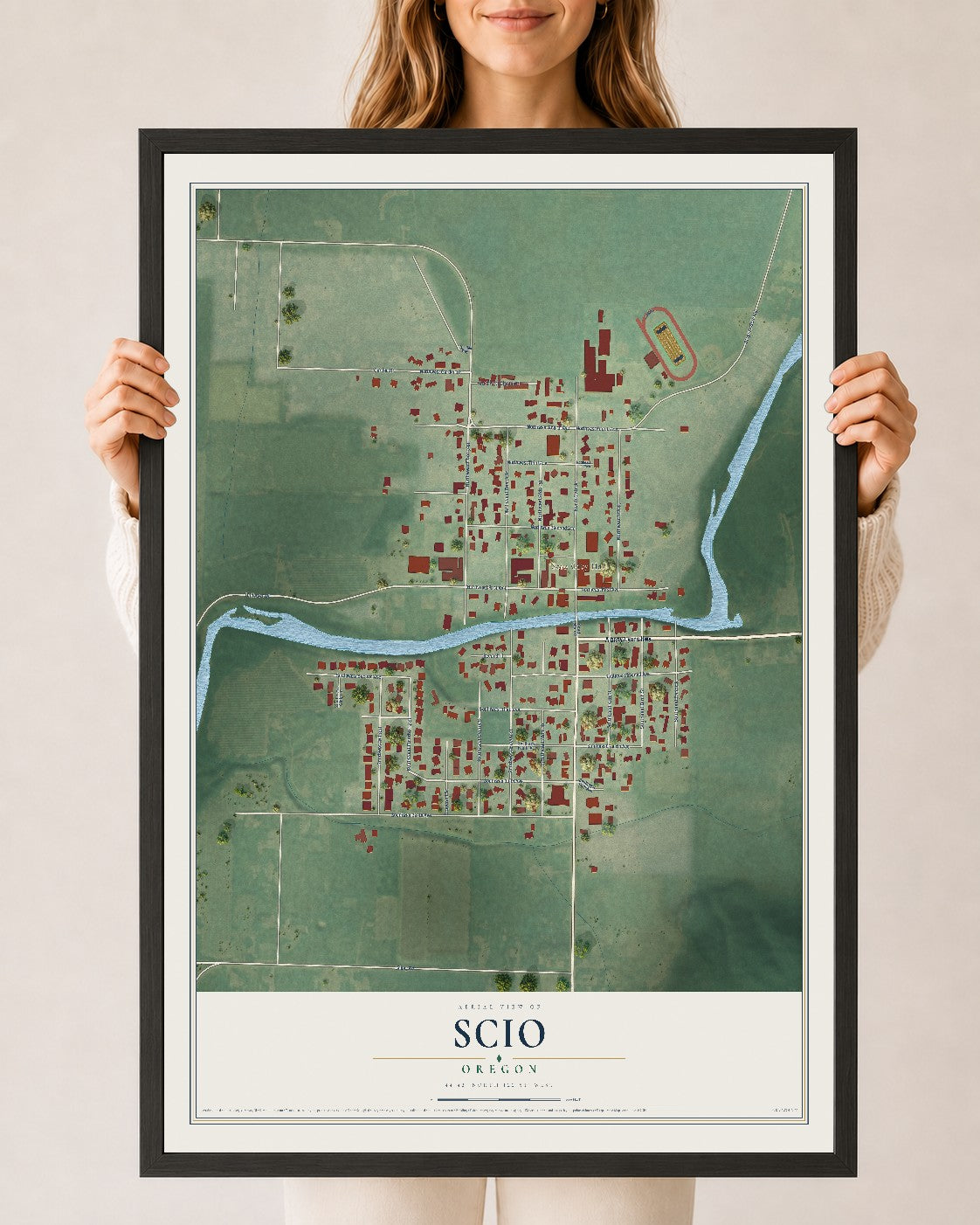 Map of Scio, Oregon, 24 x 36 inch print in a black wood frame