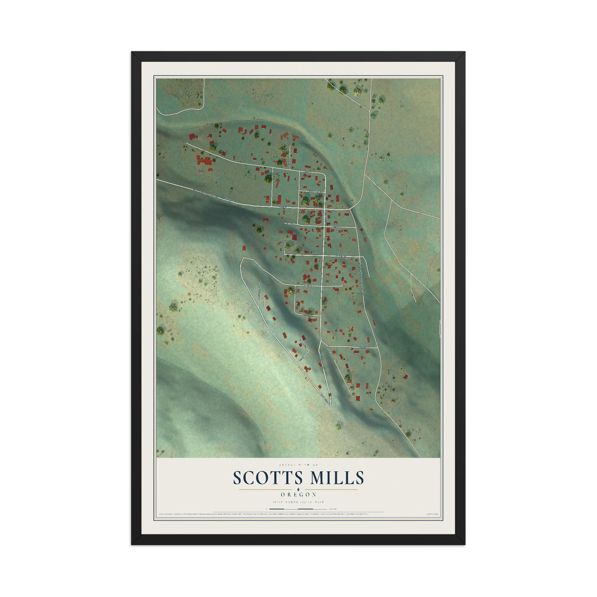 Map of Scotts Mills, Oregon, 12 x 18 inch print in a black wood frame