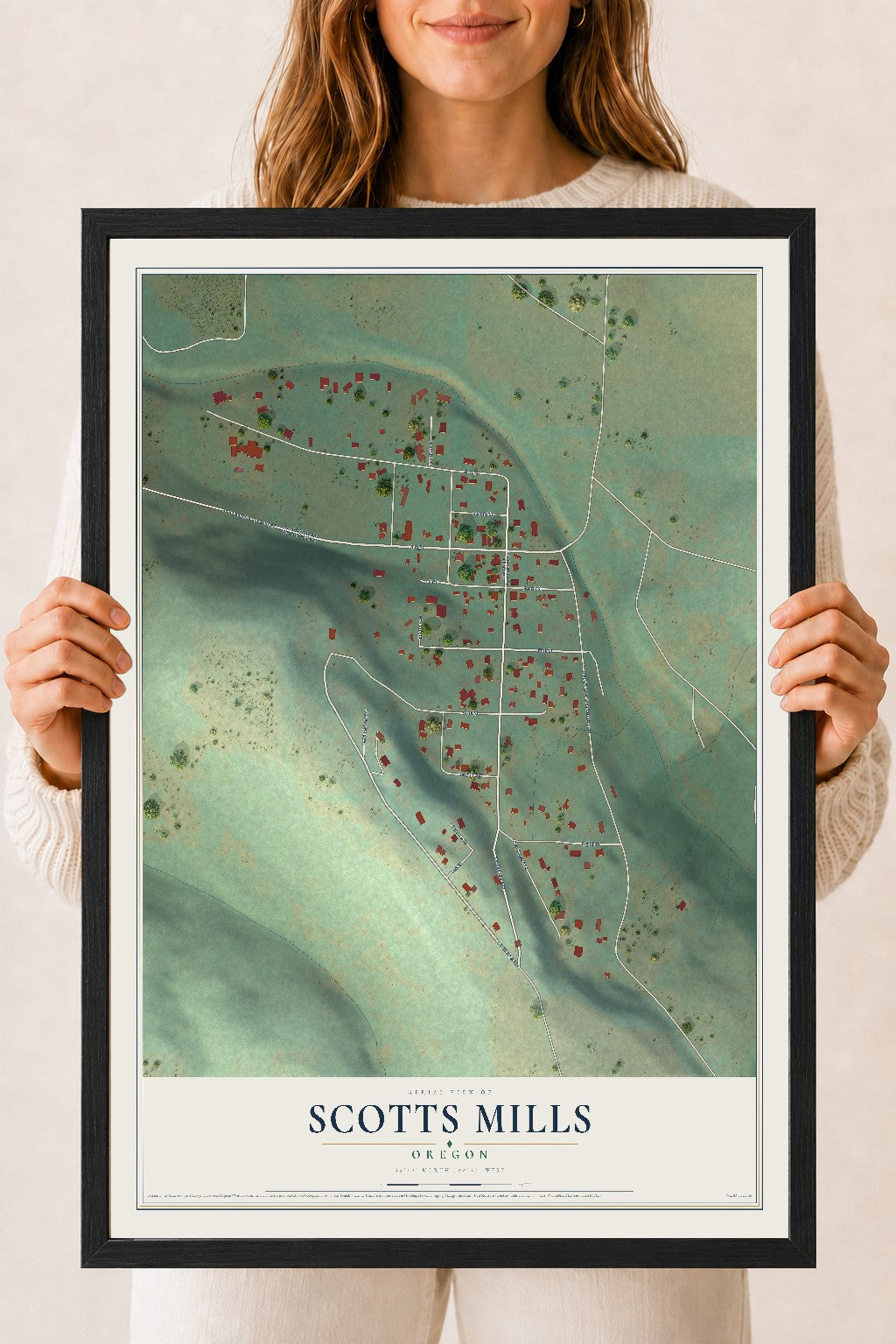 Map of Scotts Mills, Oregon, 18 x 24 inch print in a black wood frame