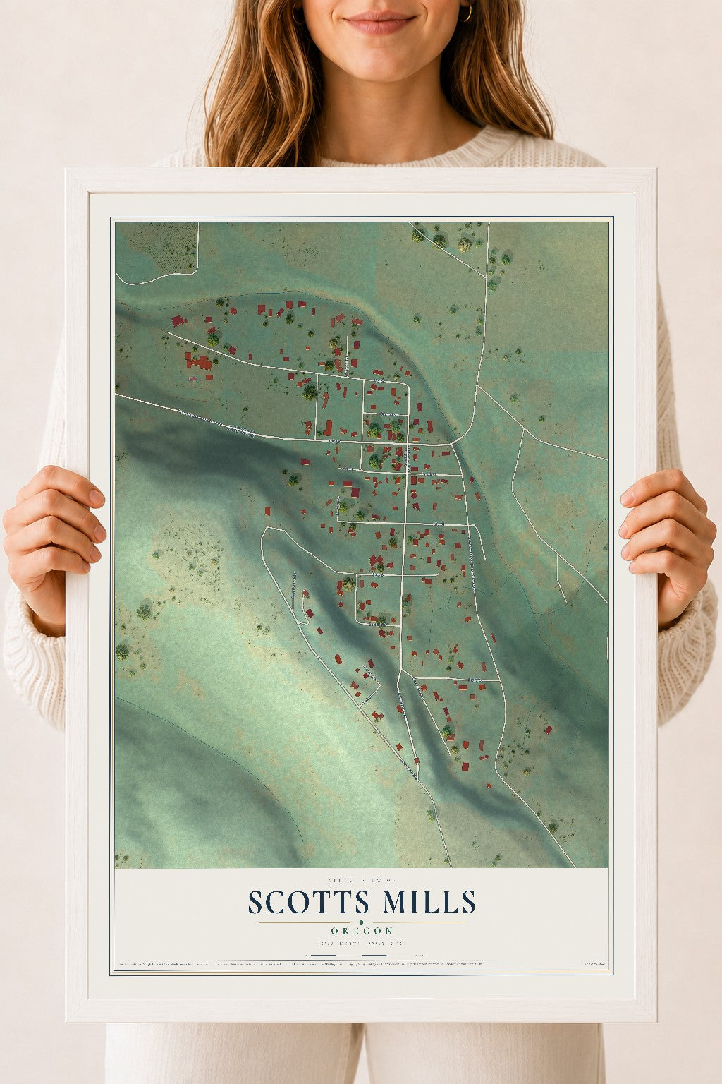 Map of Scotts Mills, Oregon, 18 x 24 inch print in a white wood frame