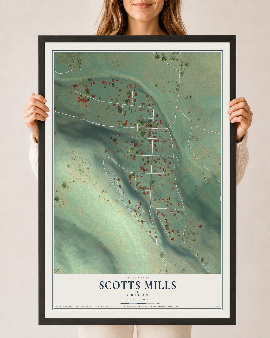 Map of Scotts Mills, Oregon, 24 x 36 inch print in a black wood frame