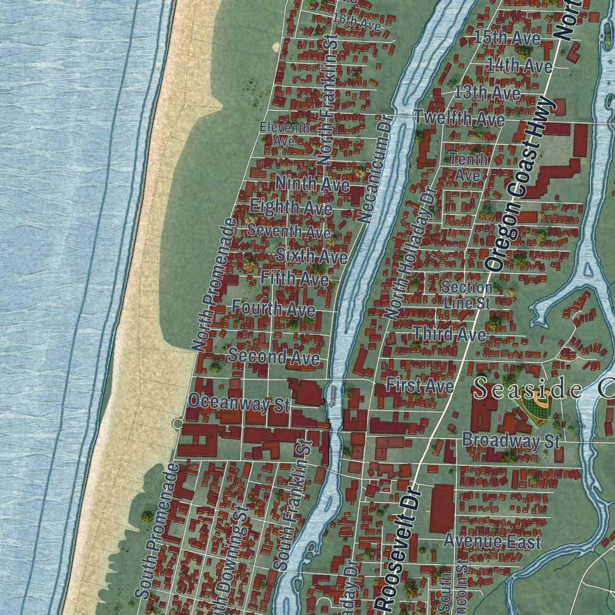 Close-up of the map of Seaside, Oregon print showing street and building detail