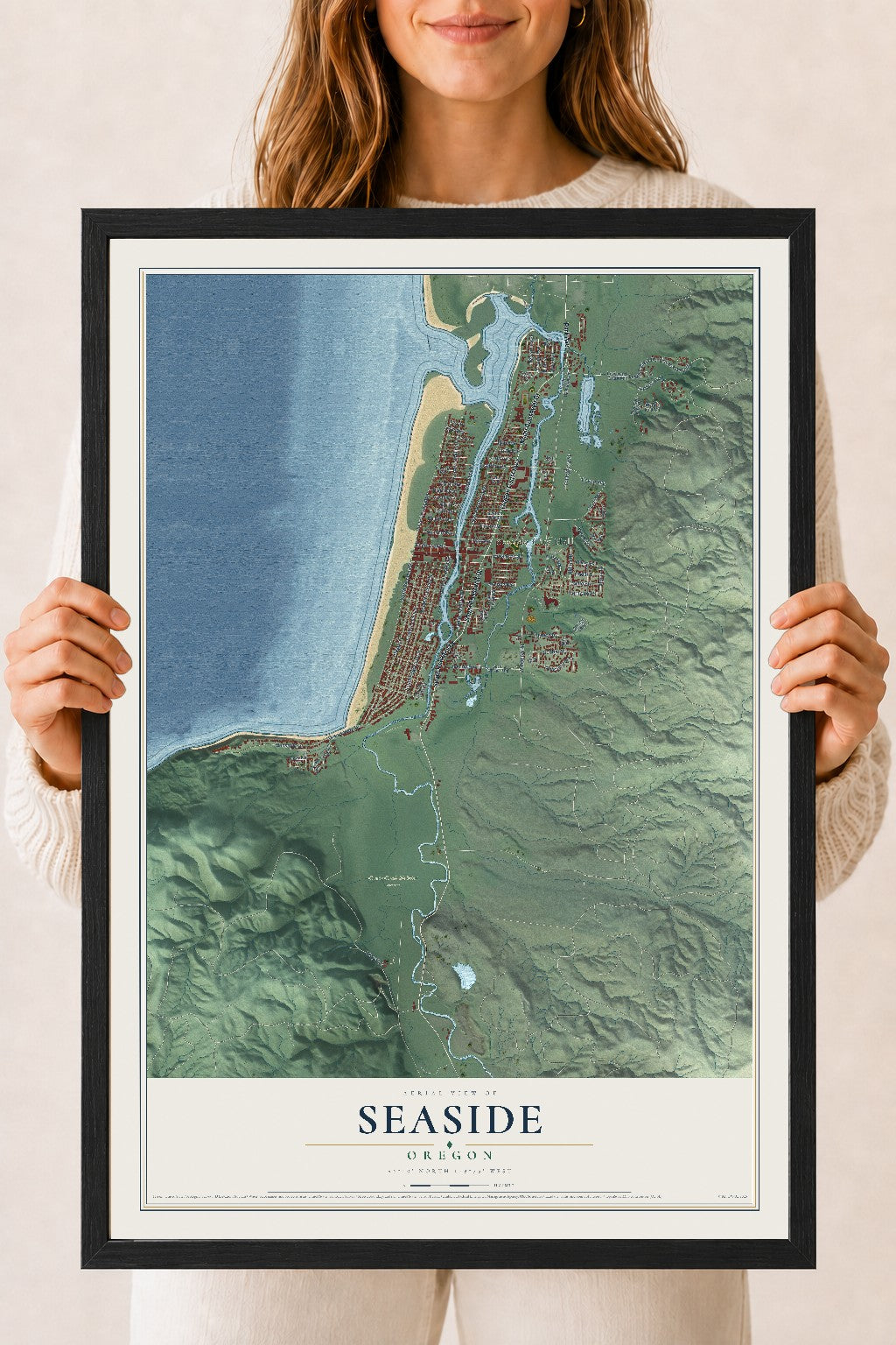Map of Seaside, Oregon, 18 x 24 inch print in a black wood frame