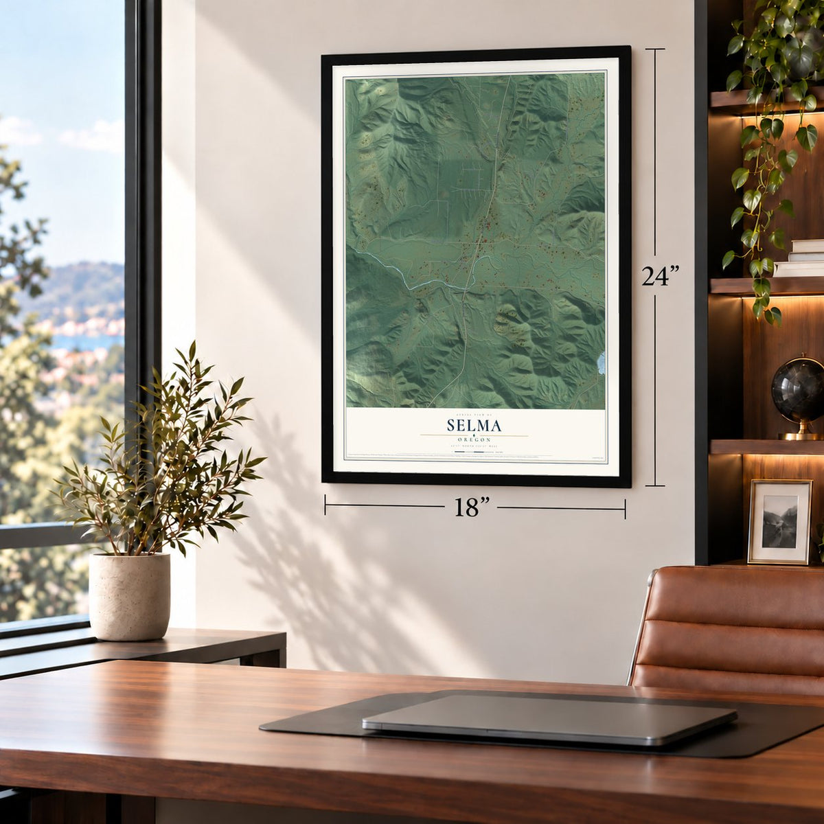 Selma, Oregon map, 18 x 24 inch print in a black frame in a home office