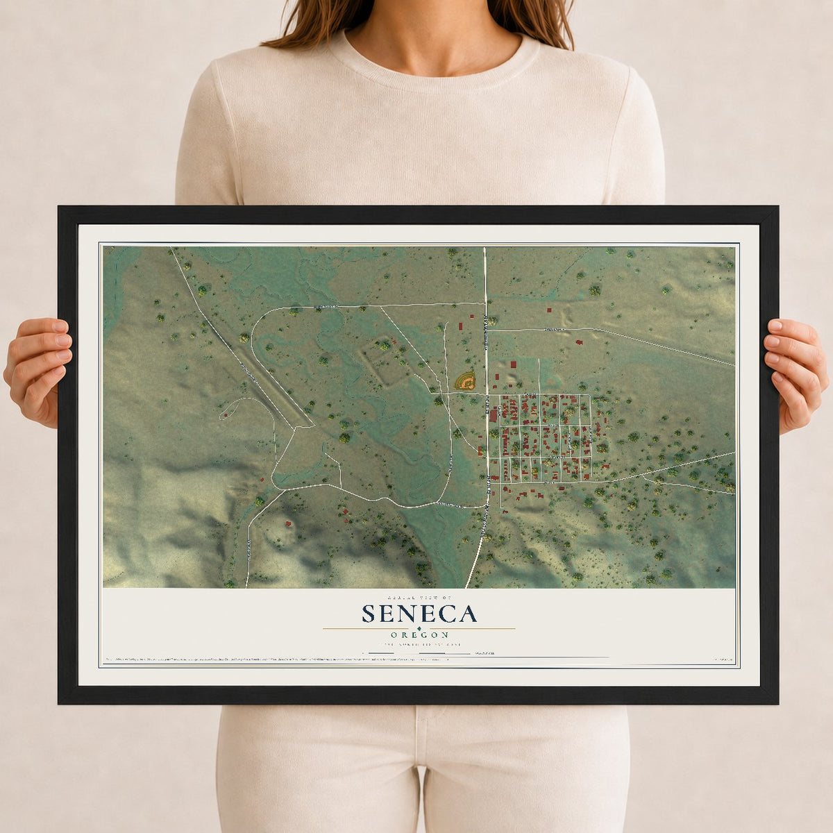 Map of Seneca, Oregon, 12 x 18 inch print in a black wood frame