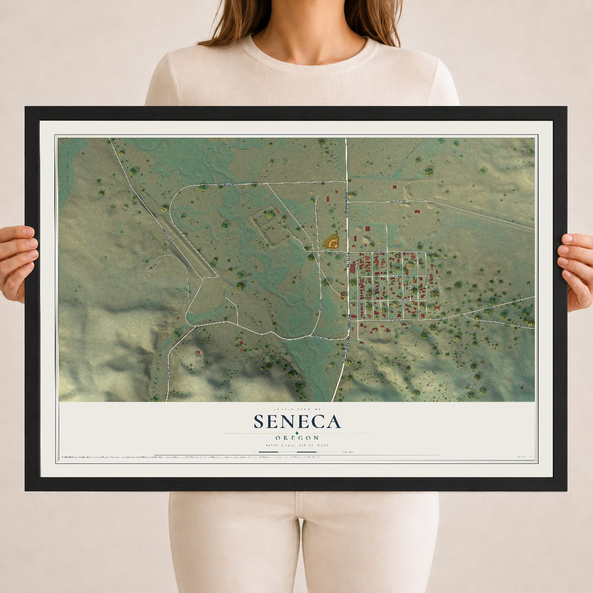 Map of Seneca, Oregon, 18 x 24 inch print in a black wood frame
