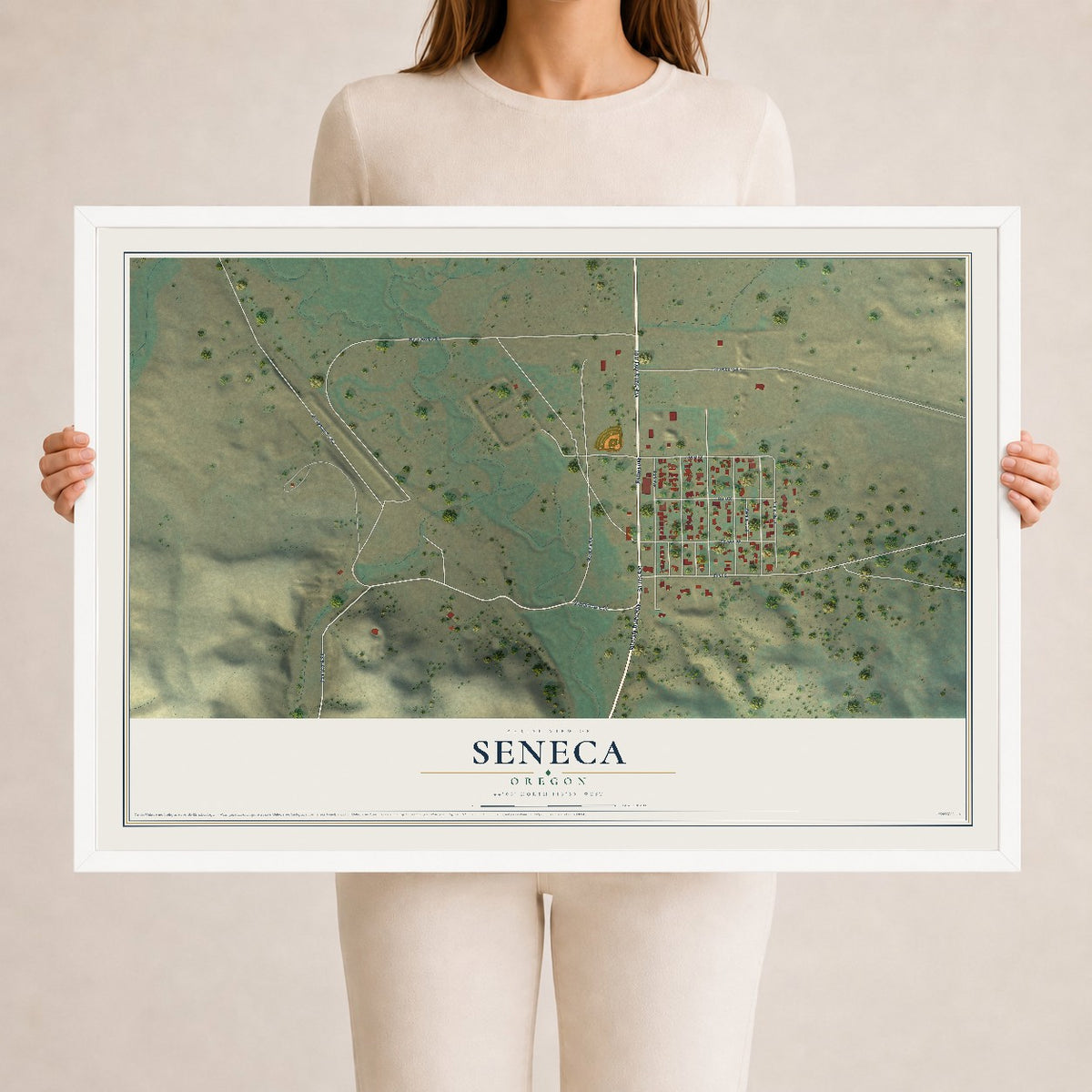 Map of Seneca, Oregon, 24 x 36 inch print in a white wood frame